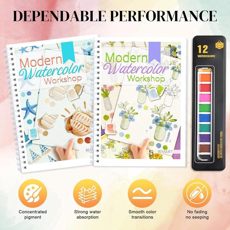 apolyone Watercolor Workbooks- 2 Pack Beginner Workbooks with 24 Coloring Book Pages - 12 Color blocks and a Brush - Watercolor Paper 300gsm/140lb - Gift for Women, Adults, Beginners (Bouquet & Seaside) - Image 4